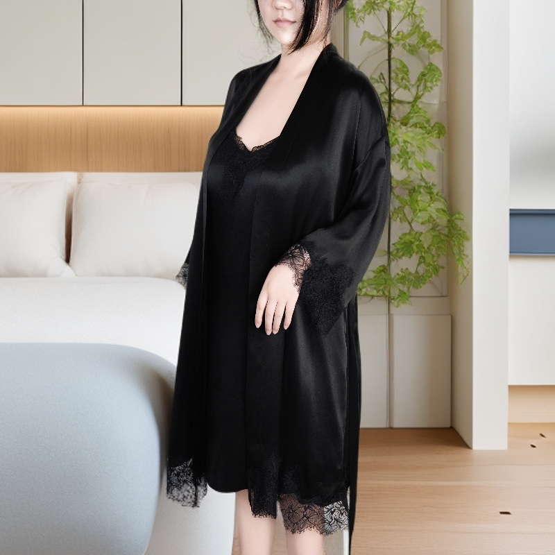 新款蕾丝真丝大码中长款睡袍黑色100%桑蚕丝宽松轻奢时尚设计师