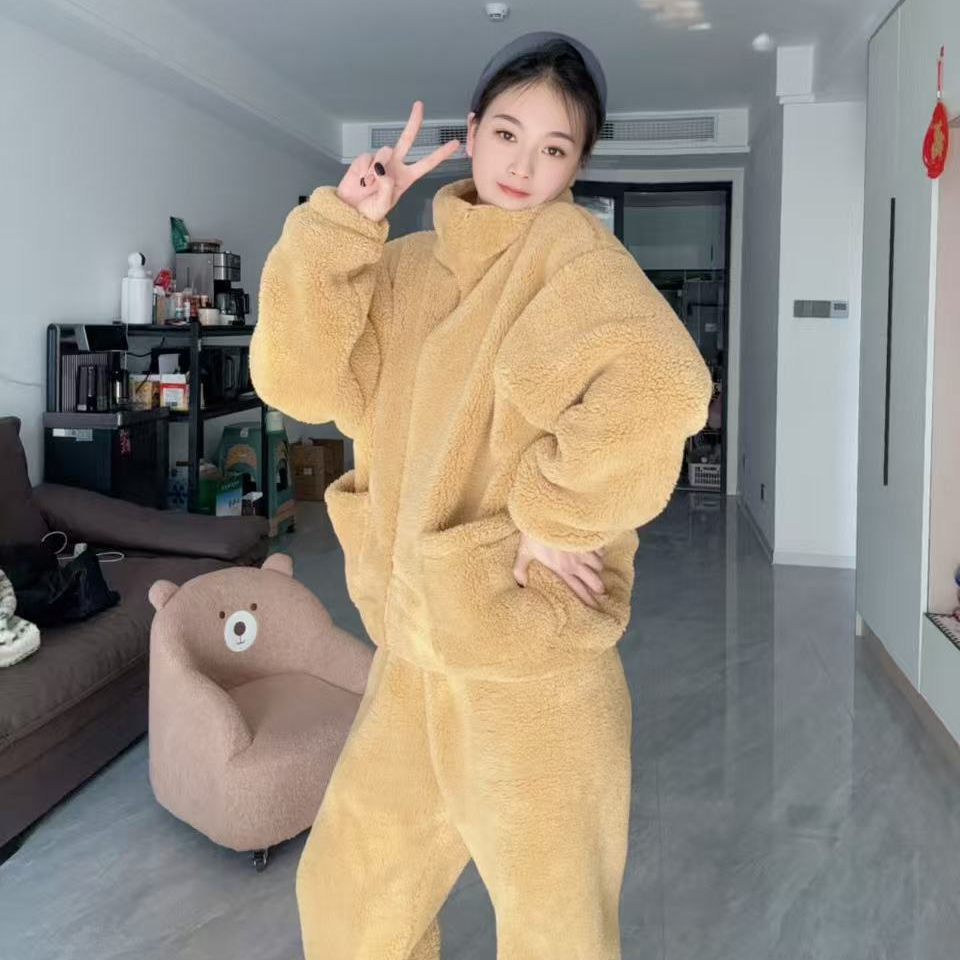 加厚睡衣女款保暖上衣松紧带立领家居服冬季长袖时尚