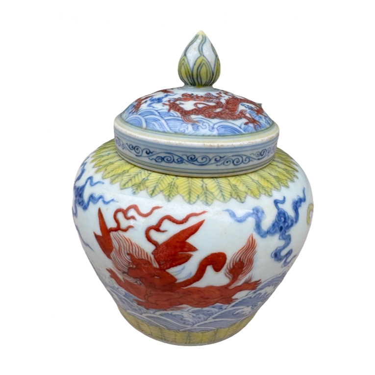 陶瓷复古工艺品摆件斗彩海象纹天字罐