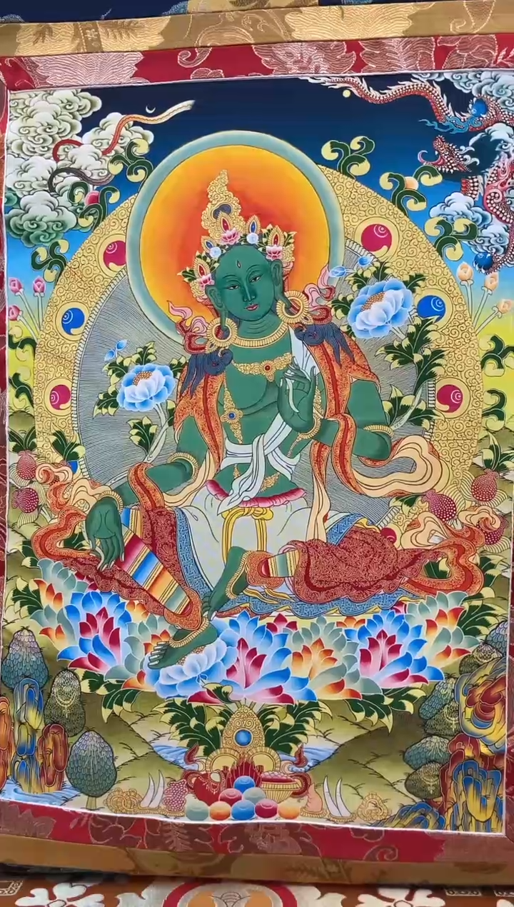 卷轴画矿物质喷绘  绿度母1.3m蓝色龙布