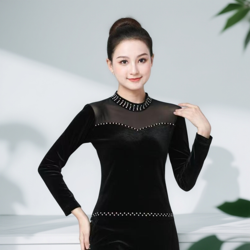 新款广场舞金丝绒高领加厚演出服女长袖金丝绒镶钻水兵舞服装