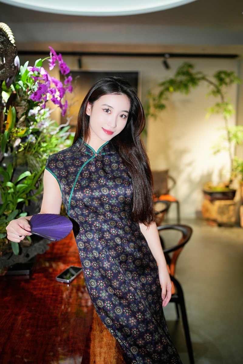 蓝大【鹤影】新中式桑蚕丝裙子7922
