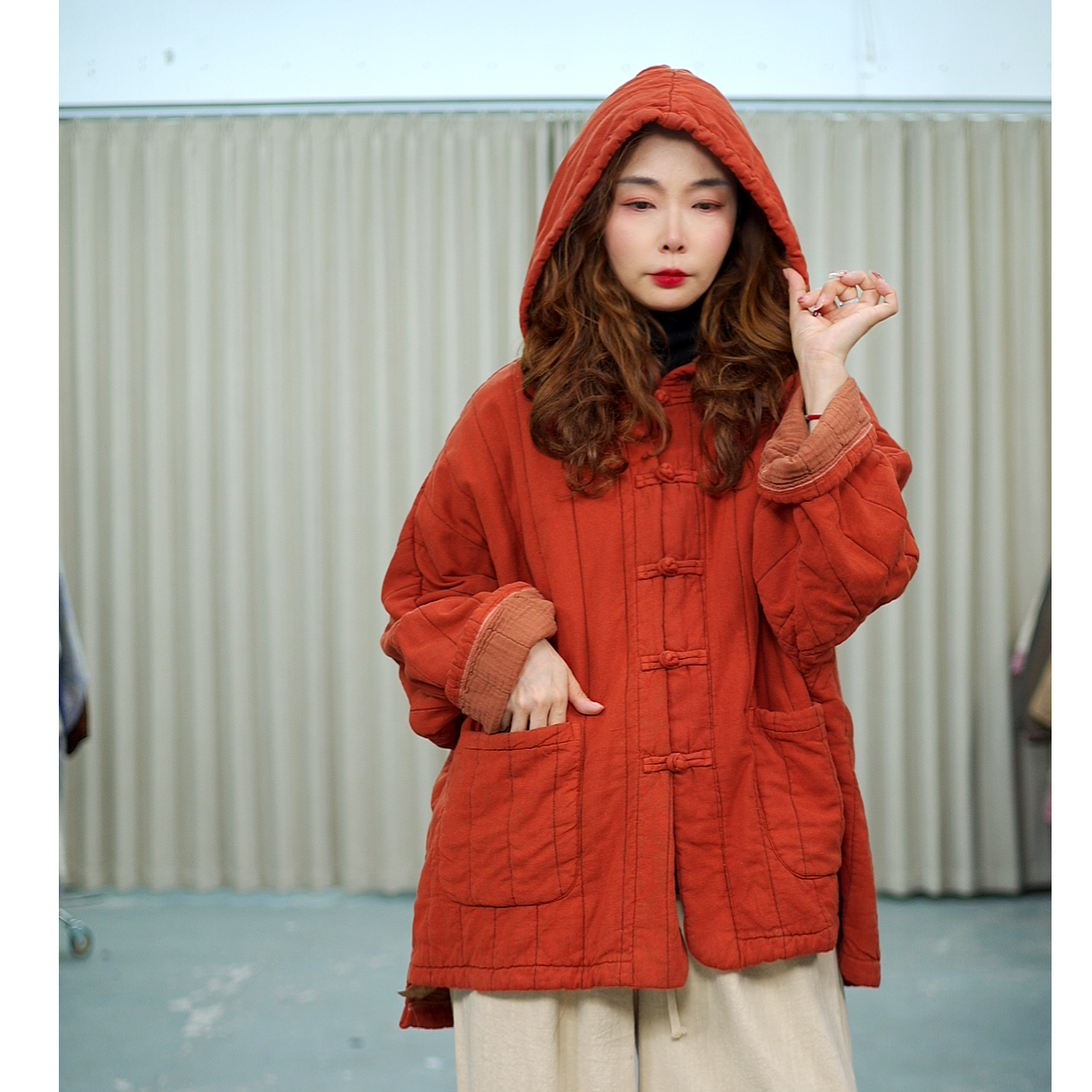 花璟与麻原创设计款大口袋连帽夹棉棉衣（衣长70胸围154)