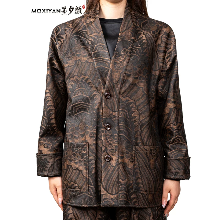 【墨隐】2025秋冬新款桑蚕丝男装 棕色观山海汉服外套-MH-1065