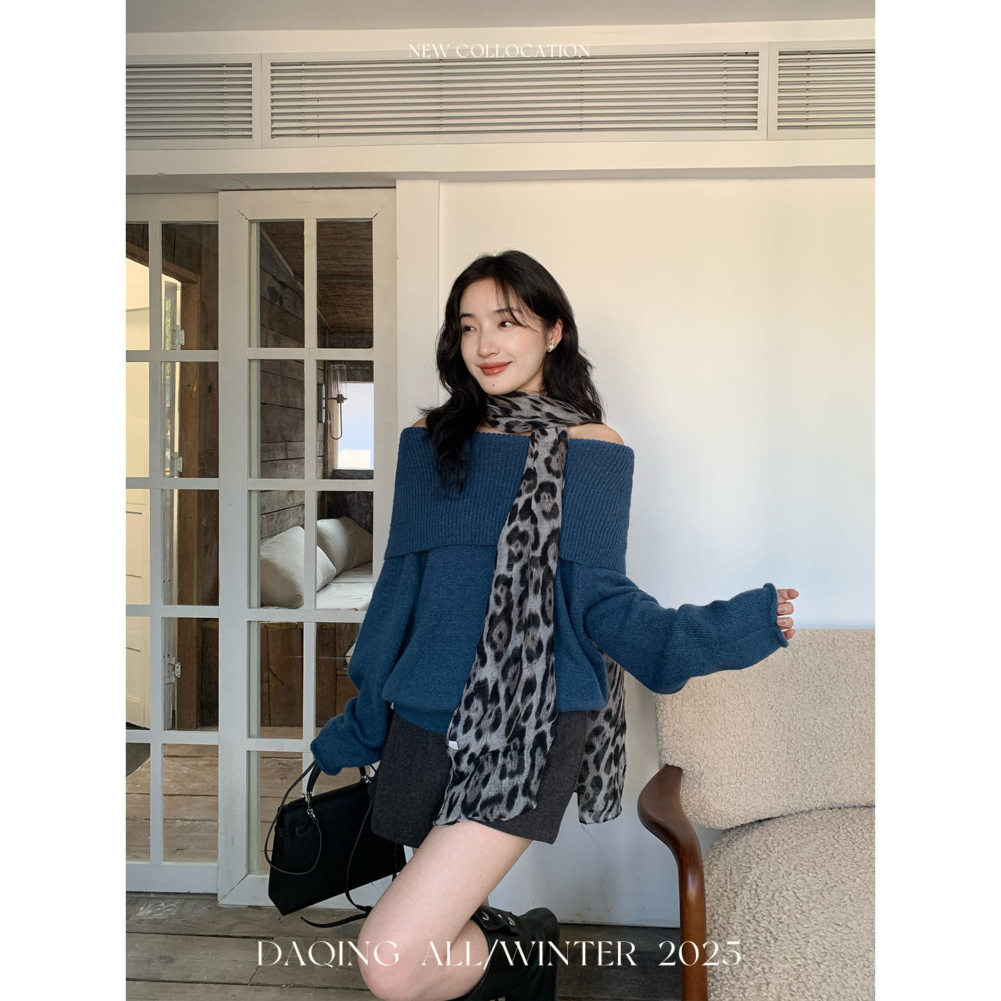 许大晴【米娅冬日】法式高级感羊毛一字肩毛衣D4878