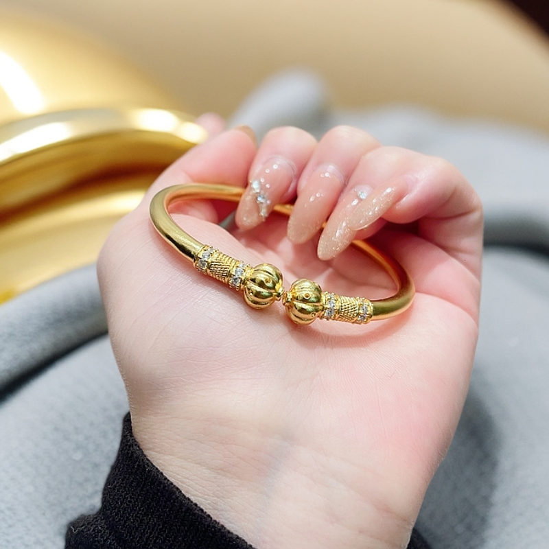 足银手镯 足银手镯 点钻圆棍南瓜开口铸厚金时尚精美女款实心