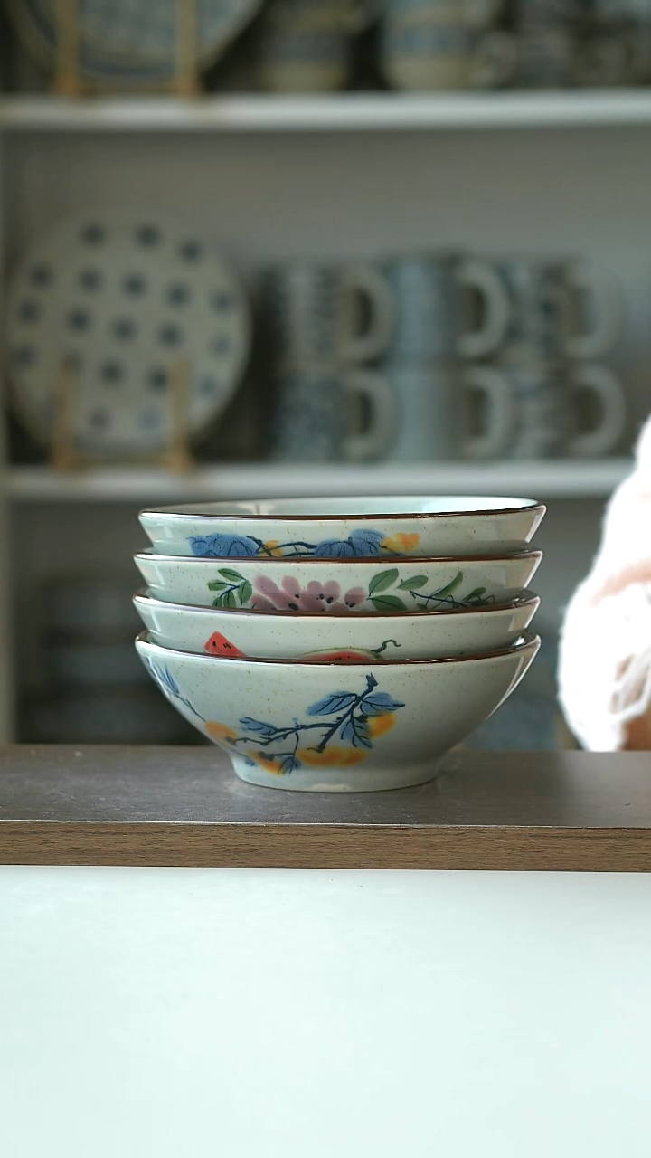 陶4色花中式复古斗笠碗12.5cm@4-2@微瑕