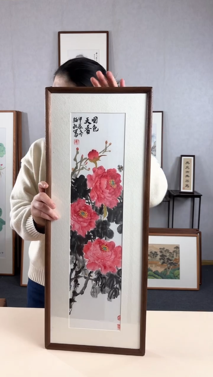 【闪购商品】国画手绘*牡丹*28*72cm实木框