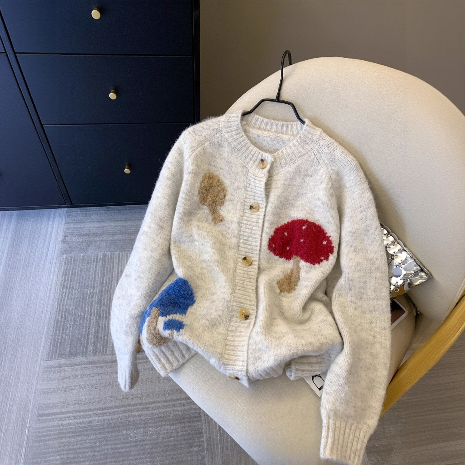 韩系慵懒风蘑菇提花针织开衫女2025秋冬新款软糯别致毛衣外套上衣