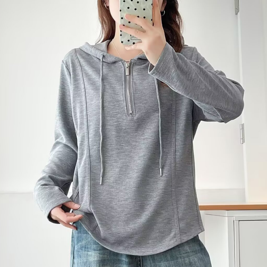微胖MM早秋新款纯色半拉链连帽长袖卫衣女大码宽松百搭打底衫T恤
