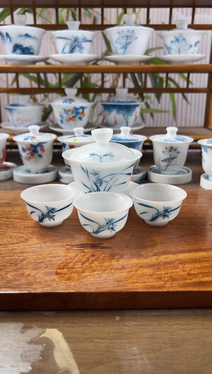 微瑕高冰兰花150ml三才盖碗+小和顺杯3个