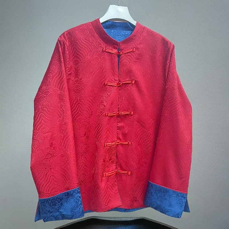 新中式双面穿外套轻国风提花缎唐装上衣高级盘扣缎面圣诞红色0245