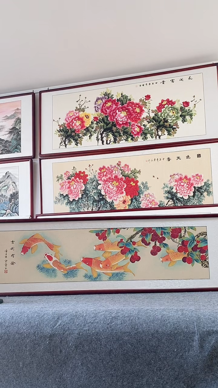 国画纯手绘国画工笔吉利有余165*50CM带框装饰字画