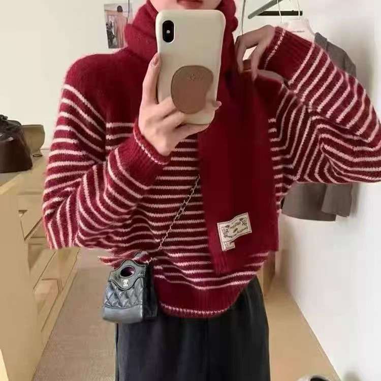 韩系围巾条纹毛衣女秋冬新款宽松百搭小个子软糯针织衫上衣厚款