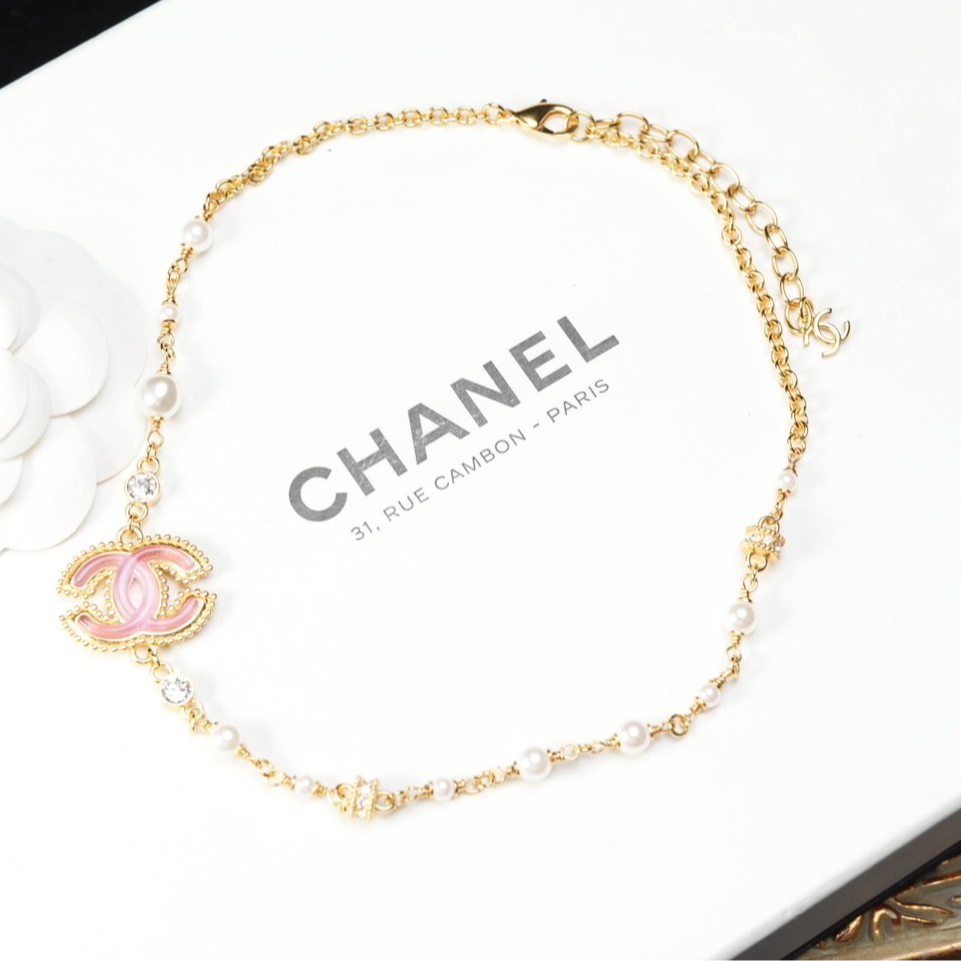 95新 Chanel/香奈儿 中古柚礼/香奈儿粉色双C珍珠短项链lz509425