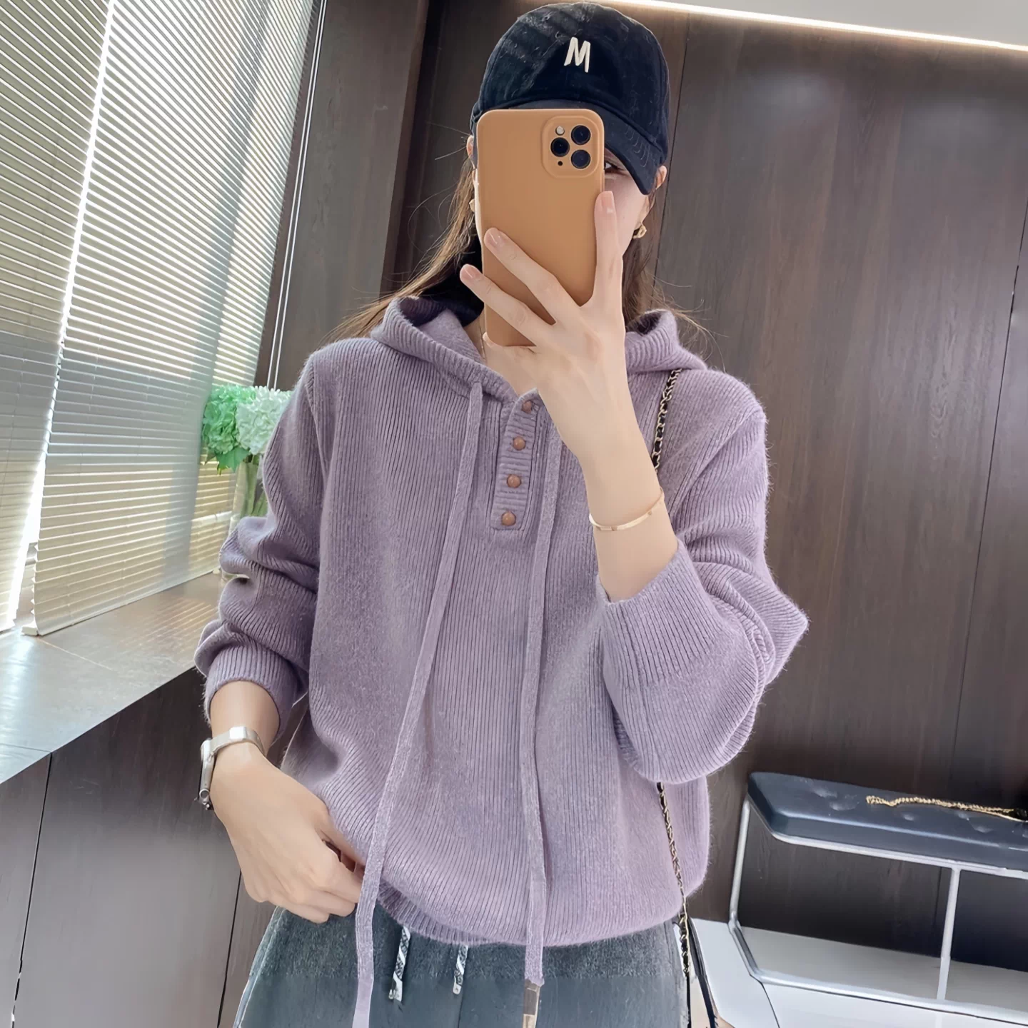 MEIZHENZI【外套搭子】紫色连帽毛衣女士秋冬加厚针织衫宽松慵懒风