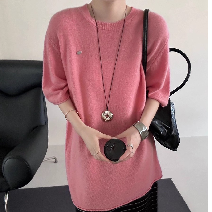 高端货~韩系中长款羊毛慵懒短袖针织衫秋季女洋气减龄显瘦上衣