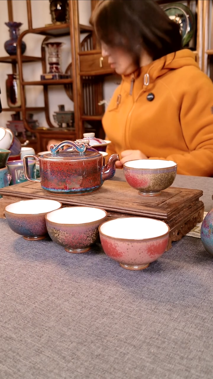 瓷片如意壶一壶四杯套装 土魂钧瓷