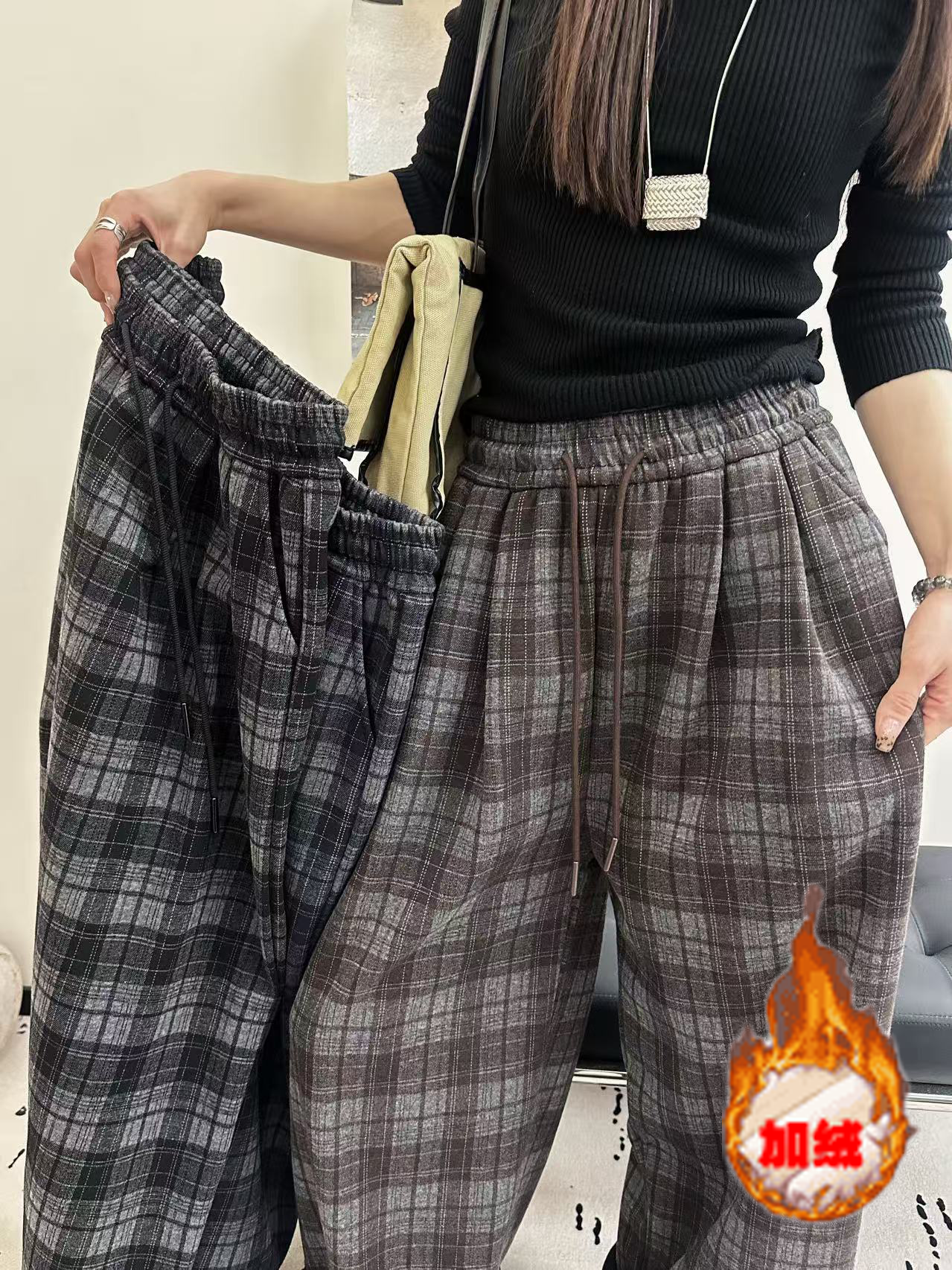 秋冬款！加绒加厚格子裤窄版阔腿休闲裤女款宽松高品质原创百搭