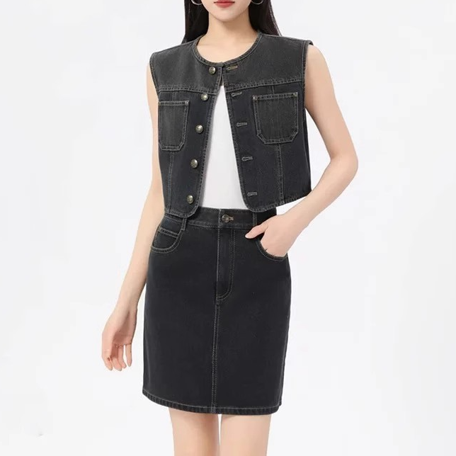 商场同款女装2025夏季新款圆领复古百搭牛仔马甲外套套装女140028