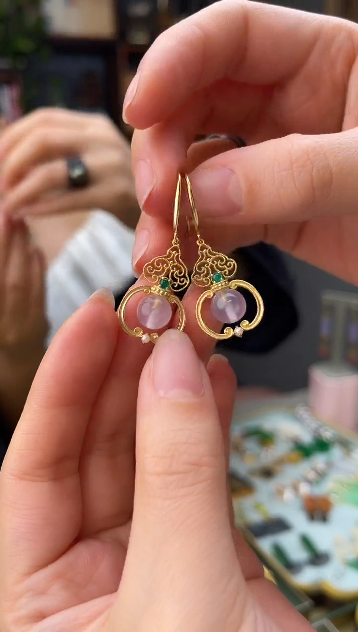 银S925镀金镶嵌耳钉玛瑙/玉髓紫玛瑙花丝葫芦925银耳钉