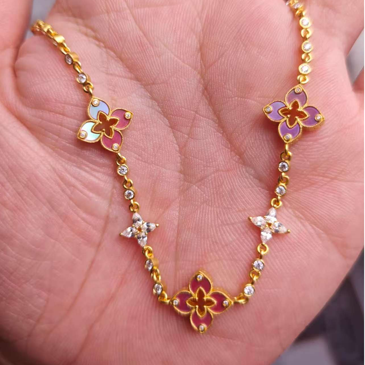 足金999螺钿四叶草泡泡莫桑手链时尚轻奢