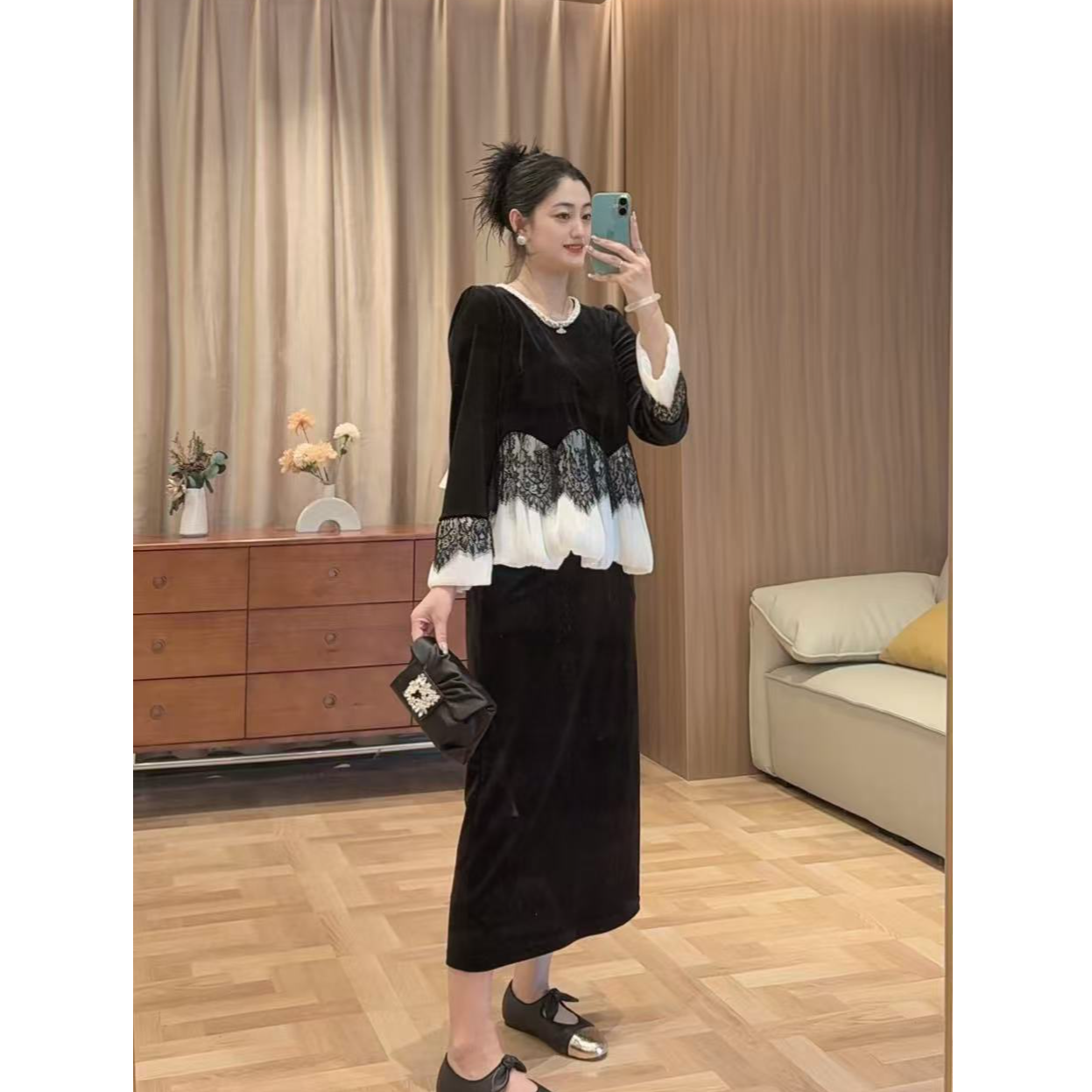 7282秋季重工丝绒气质提花蕾丝宽松时尚休闲少女风分体套装