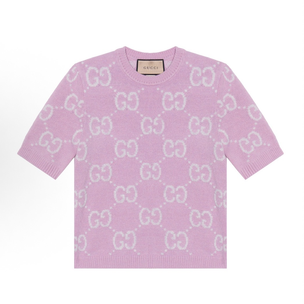 未使用 GUCCI/古驰  SS24 Logo图案印花圆领短袖毛衣 女款 粉色