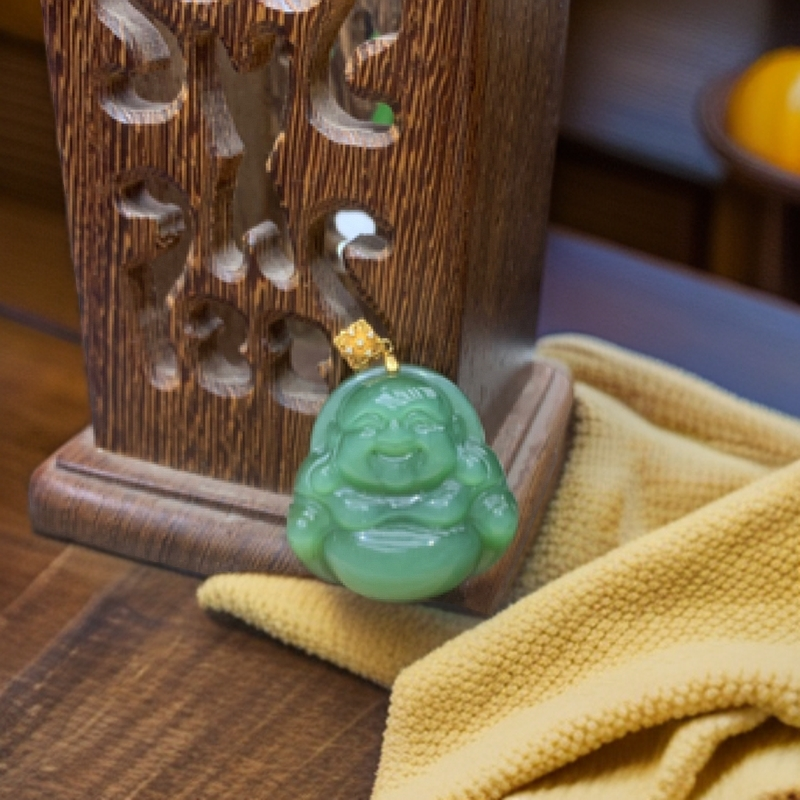 18k金镶嵌碧玉佛吊坠粉绿时尚