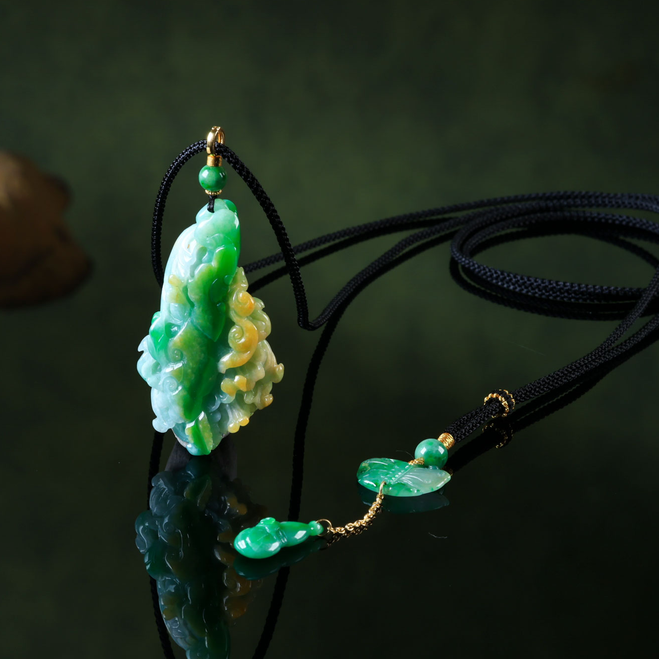 【意婵】《百财》“双12”18K金天然稀缺缅A黄加绿老翡翠项链-917014