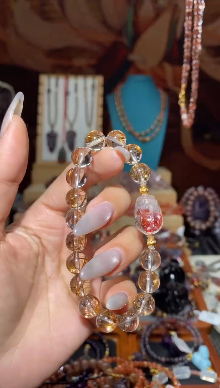 【闪购商品】水晶手串18K金镶嵌玫瑰钛晶锦鲤胶花貔貅