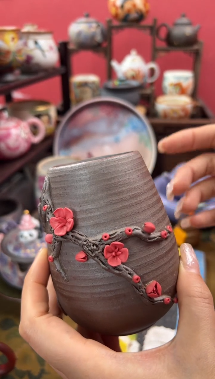 【闪购商品】素慕堂老陶泥捏花梅花茶道筒