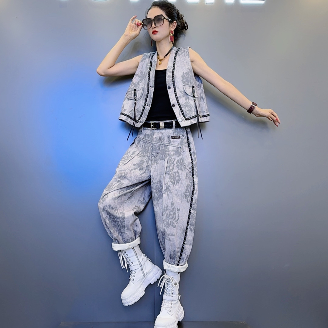 XK1新款定制花料【灰色 复古黄】牛仔马甲-定制花料两色牛仔裤