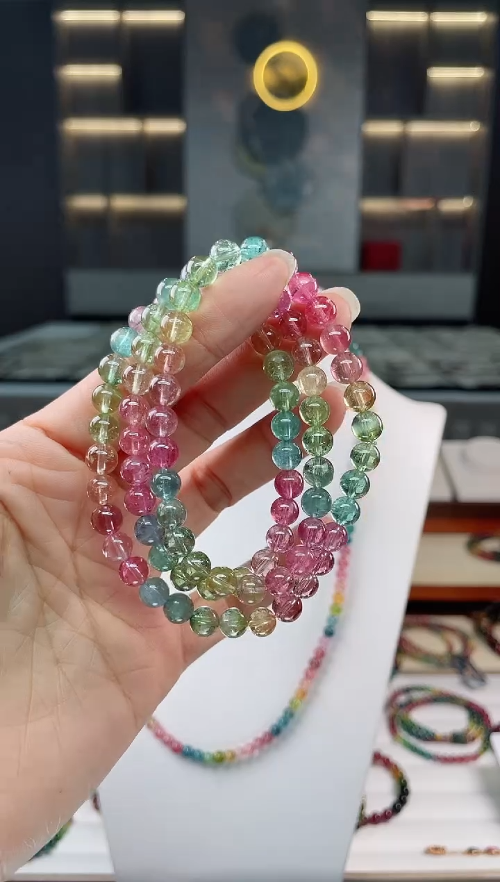 未镶嵌冰透净体老矿碧玺三圈手串6mm+碧玺（多样性发一条）Q