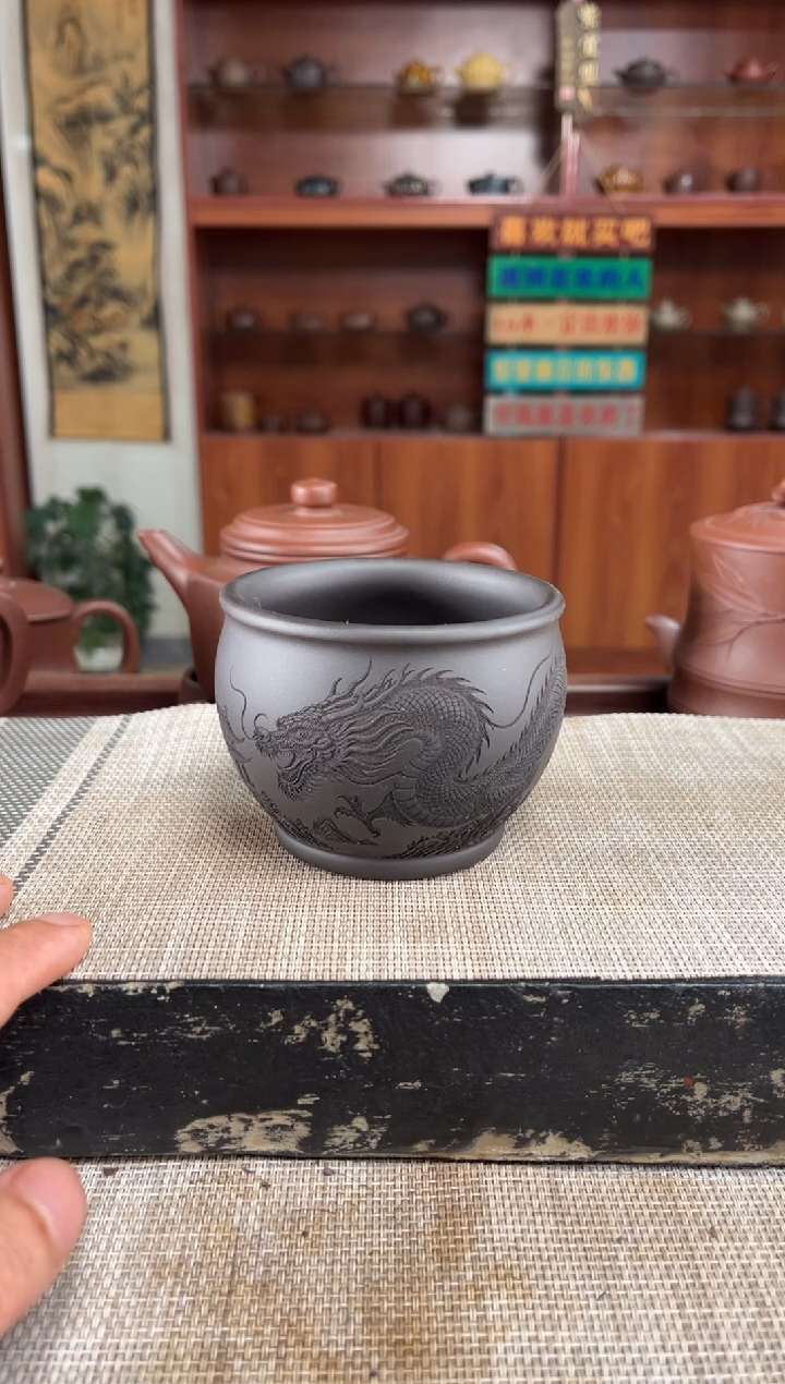 茶杯紫砂石黄刻龙缸杯主人杯泡沫装
