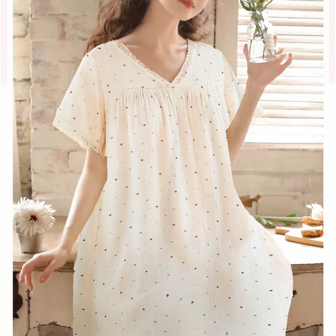 【Q003】双层棉纱夏季100%纯棉家居裙v领蕾丝宽松连衣裙休闲居家