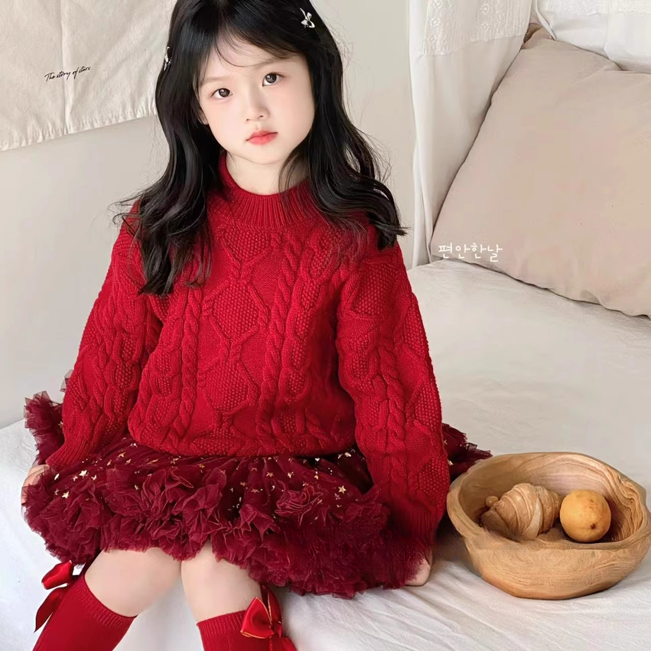 100%货对版酒红色女童毛衣圣诞加厚中大童毛衣新年红色儿童毛衣潮