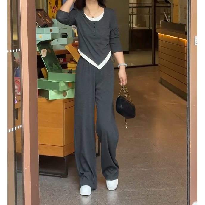 2025厚款春季假两件抽绳上衣两件套直筒阔腿裤套装女气质