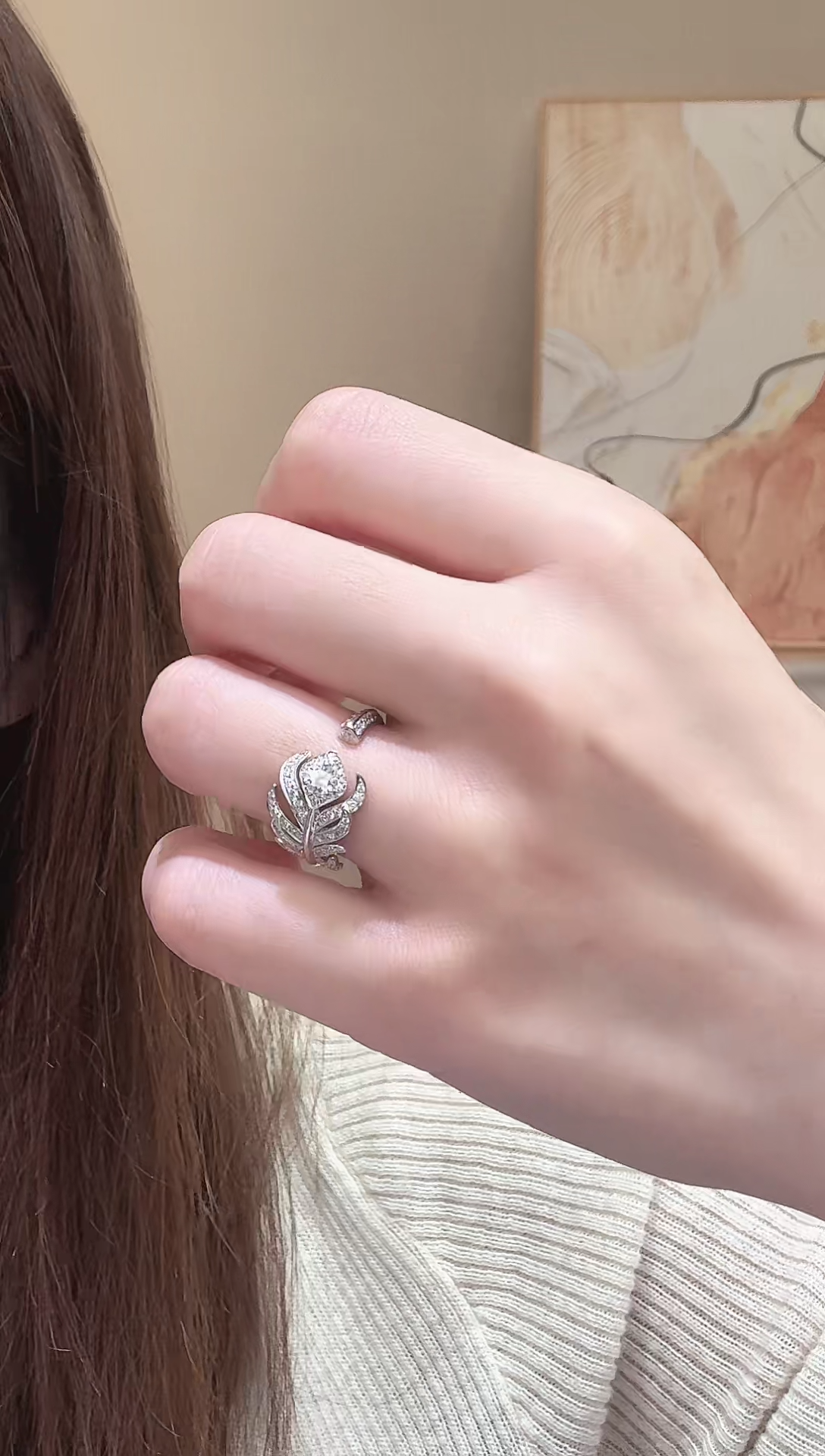 18K金镶嵌实验室培育钻石羽毛戒指k白 13戒圈