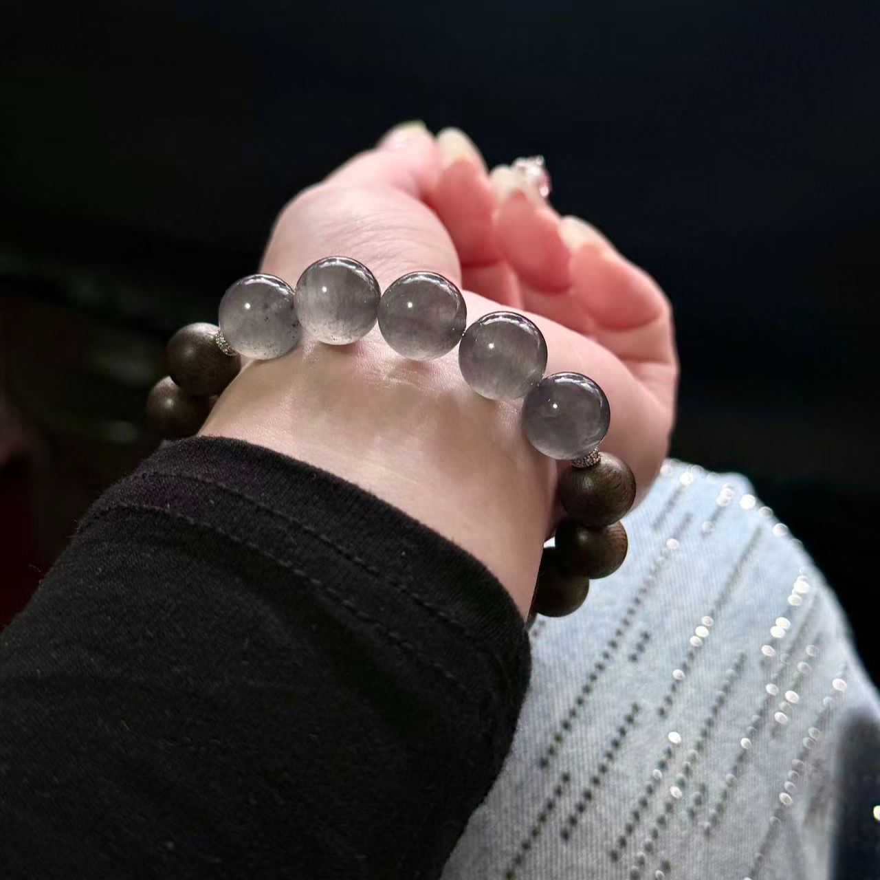 新品现货名翠缘翡翠   天然缅甸翡翠A货高冰黑杠圆珠手串单珠