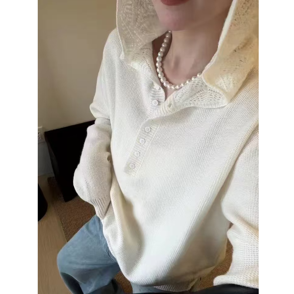 勾花帽衫~柔软亲肤肌理感半开领宽松气质连帽针织衫1315-6