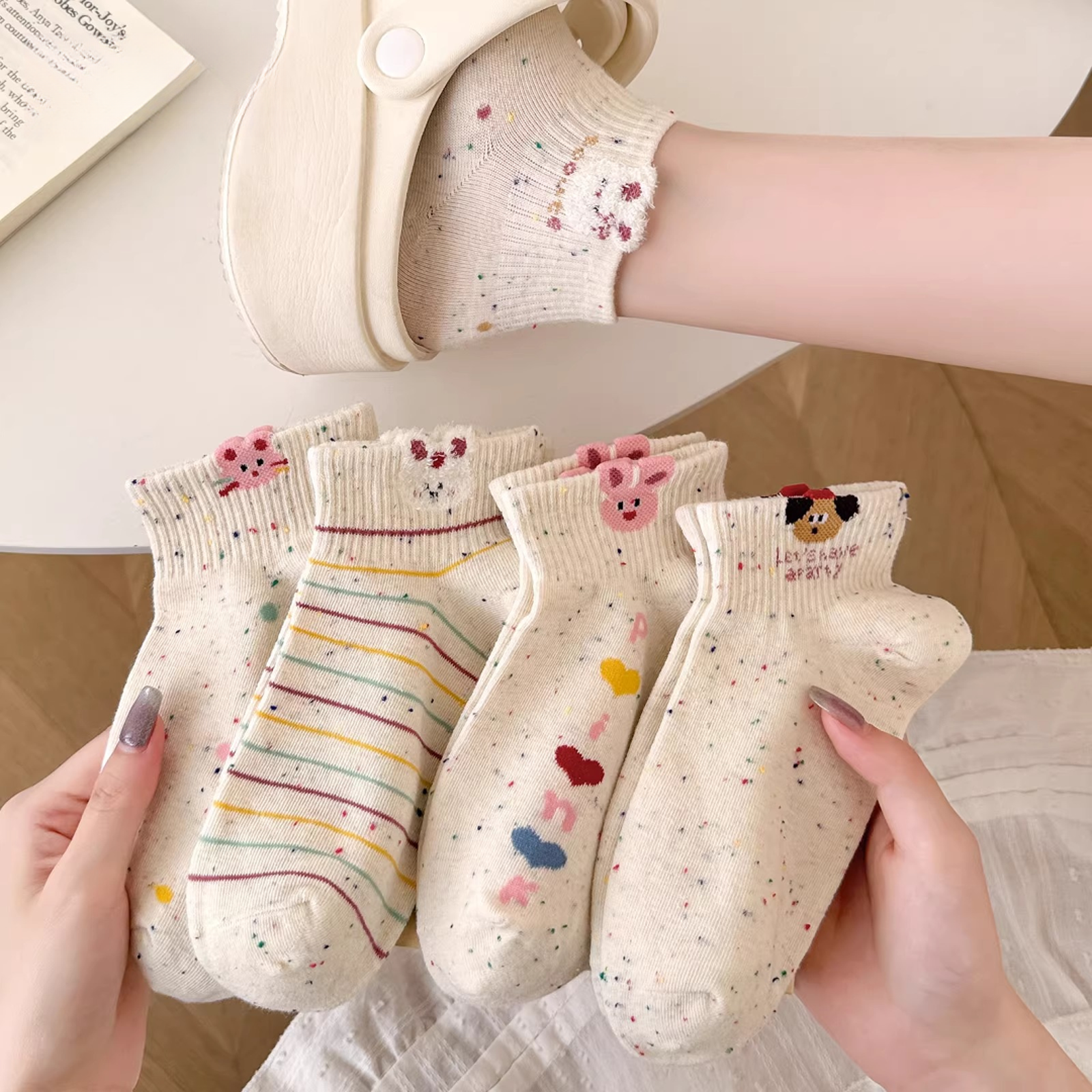 【5双新疆棉】可爱小兔中筒袜子女夏季薄款日系卡纯棉100%全棉防臭