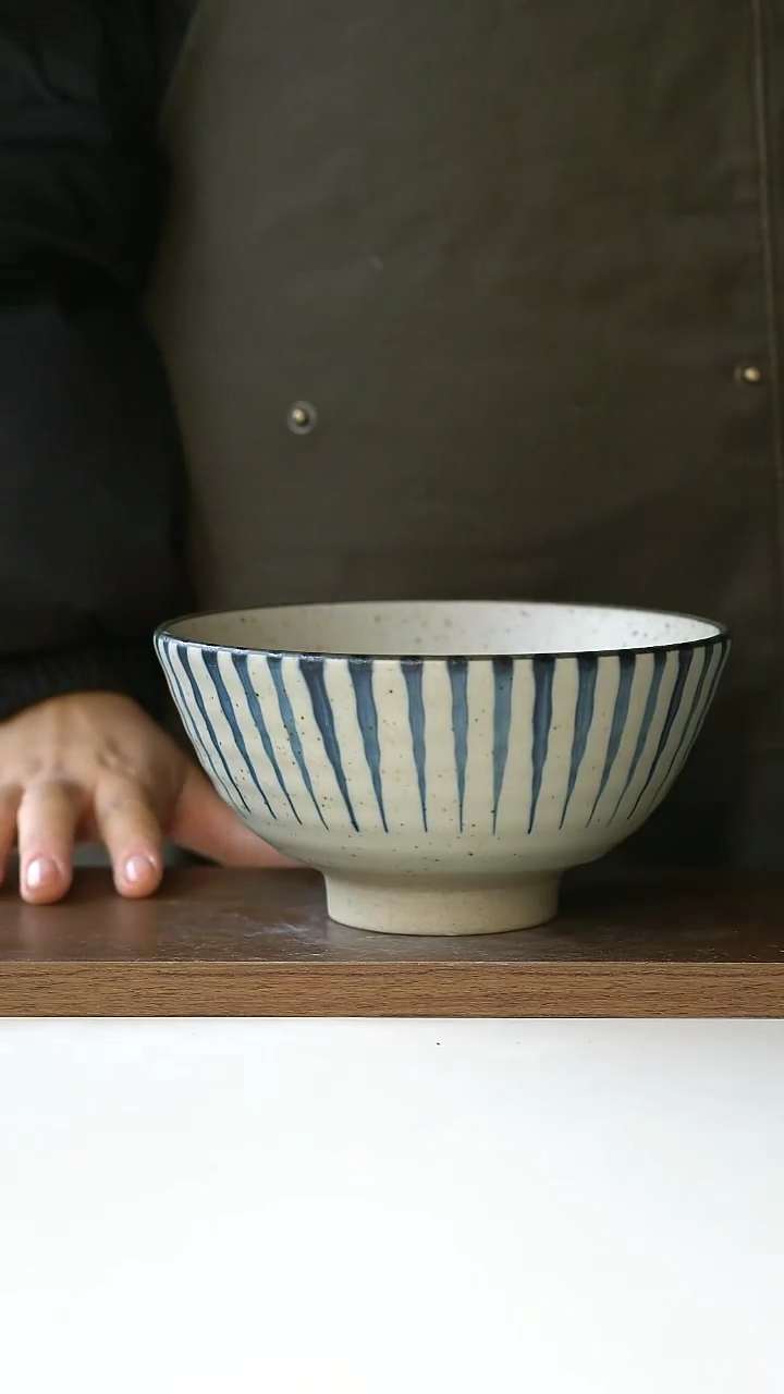 【闪购商品】陶瓷粗陶条纹面碗16cm@4-2@