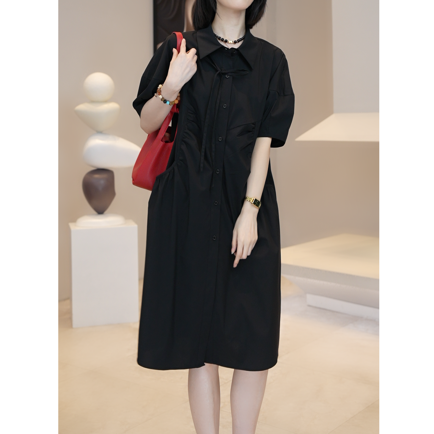 清货价【薇薇绮】夏季百搭洋气翻领大口袋宽松短袖衬衫连衣裙D593