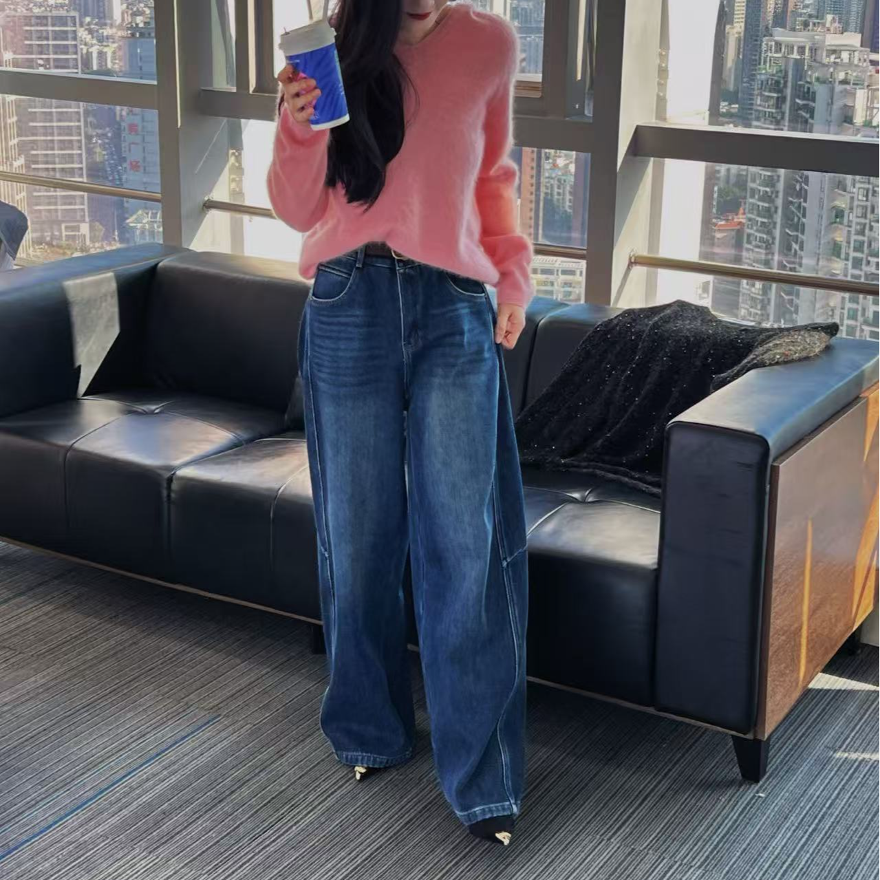 【BUTTERFLYCOAT】设计师品牌蓝调立体剪裁加绒直筒阔腿牛仔裤