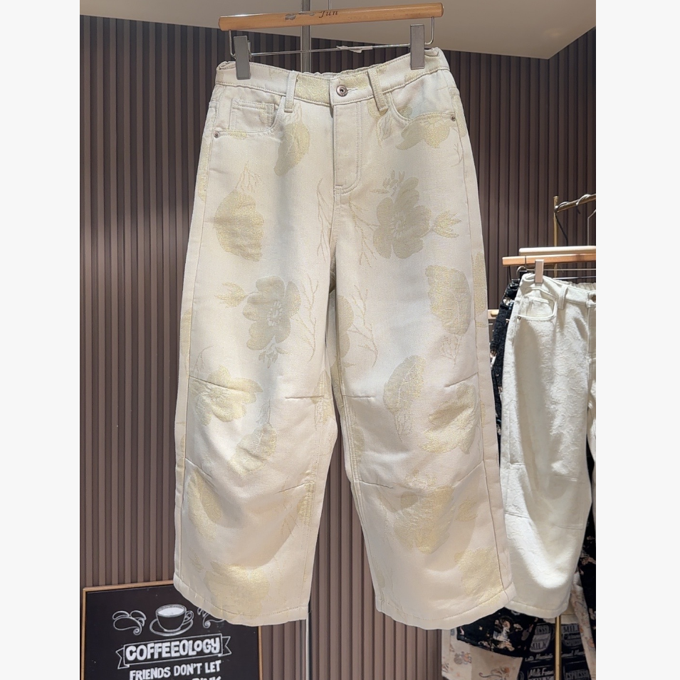 2025冬季新款女裤高街风刺绣提花牛仔裤阔腿裤复古国潮九分弯刀裤