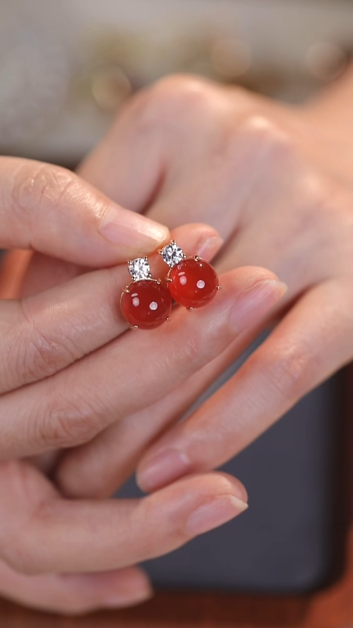 银S925镶嵌耳钉玛瑙/玉髓耳饰