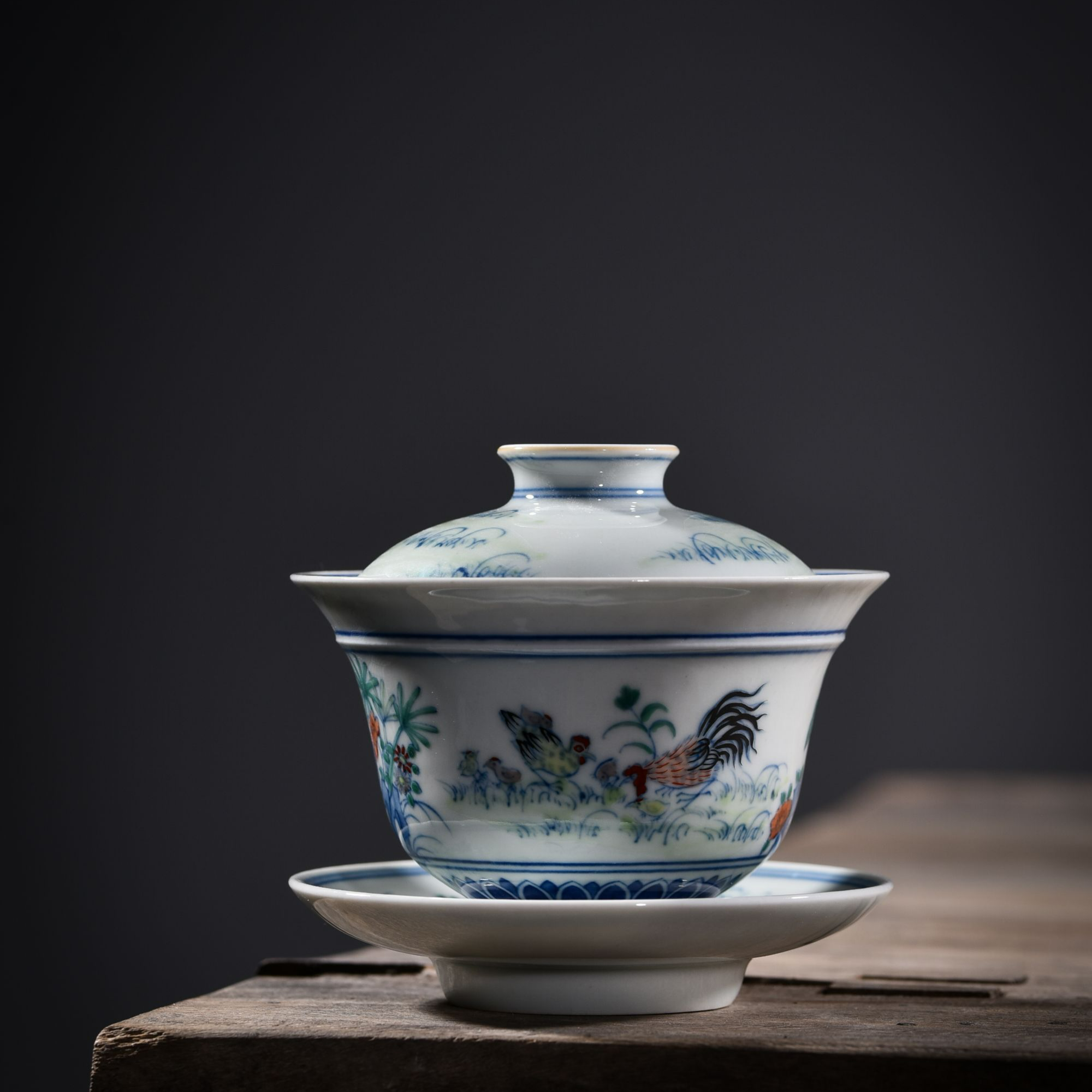 古古景德镇瓷器溯源行 斗彩子母鸡图盖碗 200cc——TXH-B0002