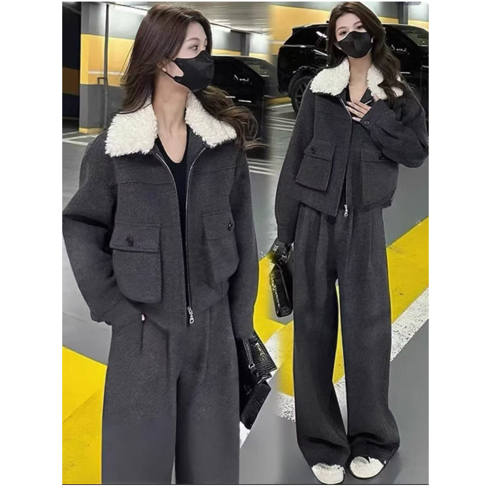 时尚毛呢套装女冬季洋气显瘦加厚保暖羽绒棉服短外套阔腿裤两件套