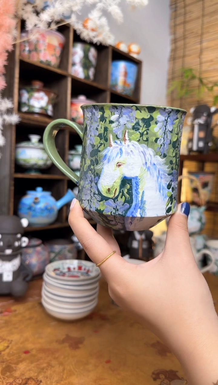 【闪购商品】石一手绘白马咖啡杯大容量微瑕